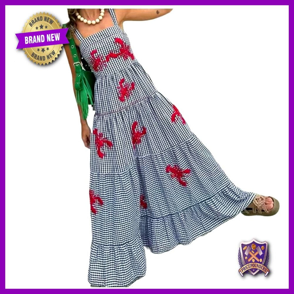 Gingham Linen Maxi Dress Flowy Ruffle Summer Boho Chic Casual Elegant